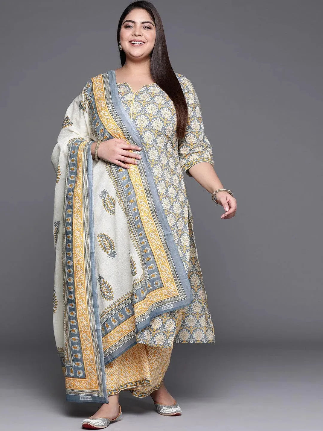 Plus Size Grey Printed Cotton Suit Set - Libas 