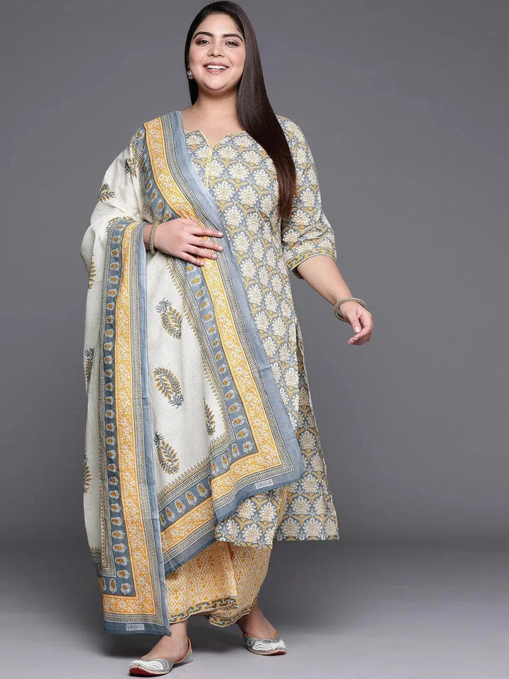 Plus Size Grey Printed Cotton Suit Set - Libas