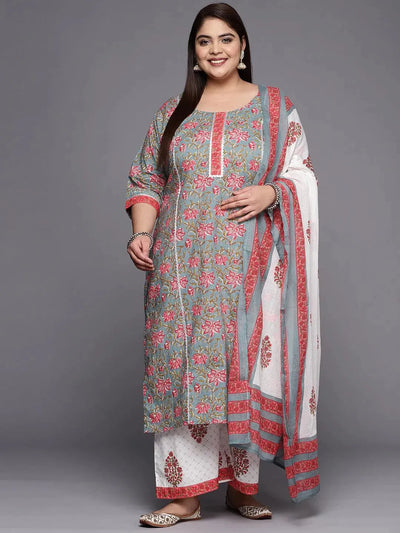 Plus Size Grey Printed Cotton Suit Set - Libas