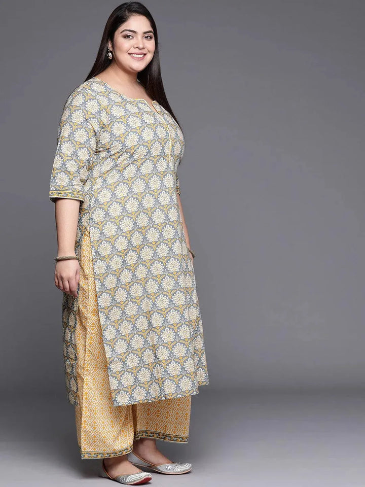 Plus Size Grey Printed Cotton Suit Set - Libas