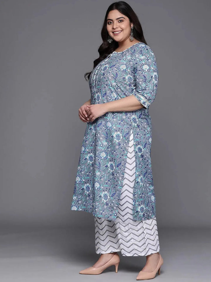 Plus Size Grey Printed Cotton Suit Set - Libas