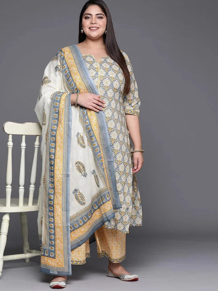 Plus Size Grey Printed Cotton Suit Set - Libas