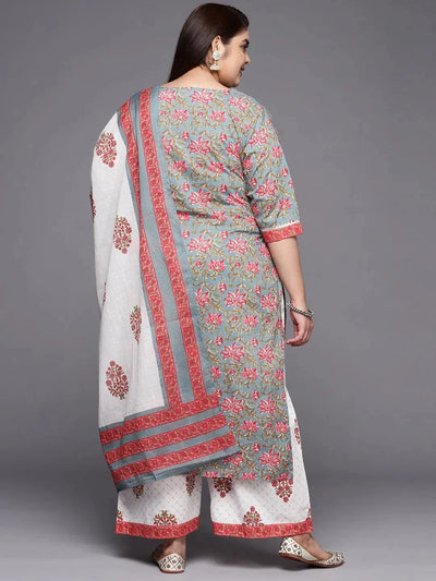 Plus Size Grey Printed Cotton Suit Set - Libas