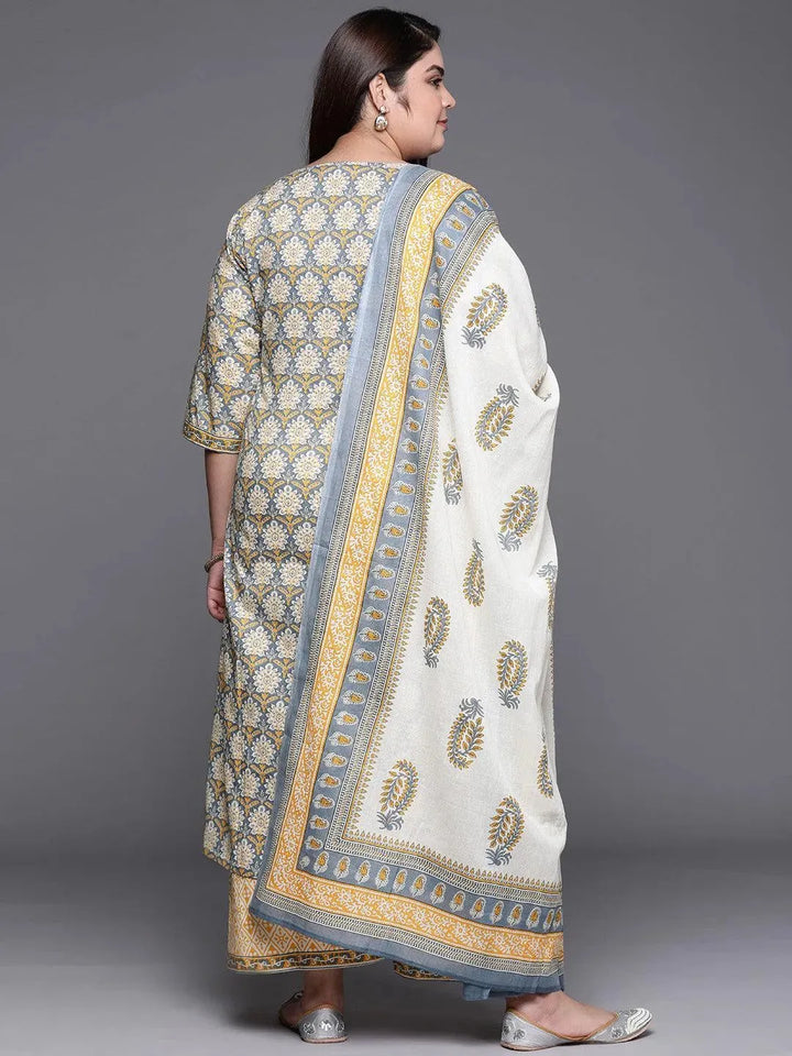 Plus Size Grey Printed Cotton Suit Set - Libas