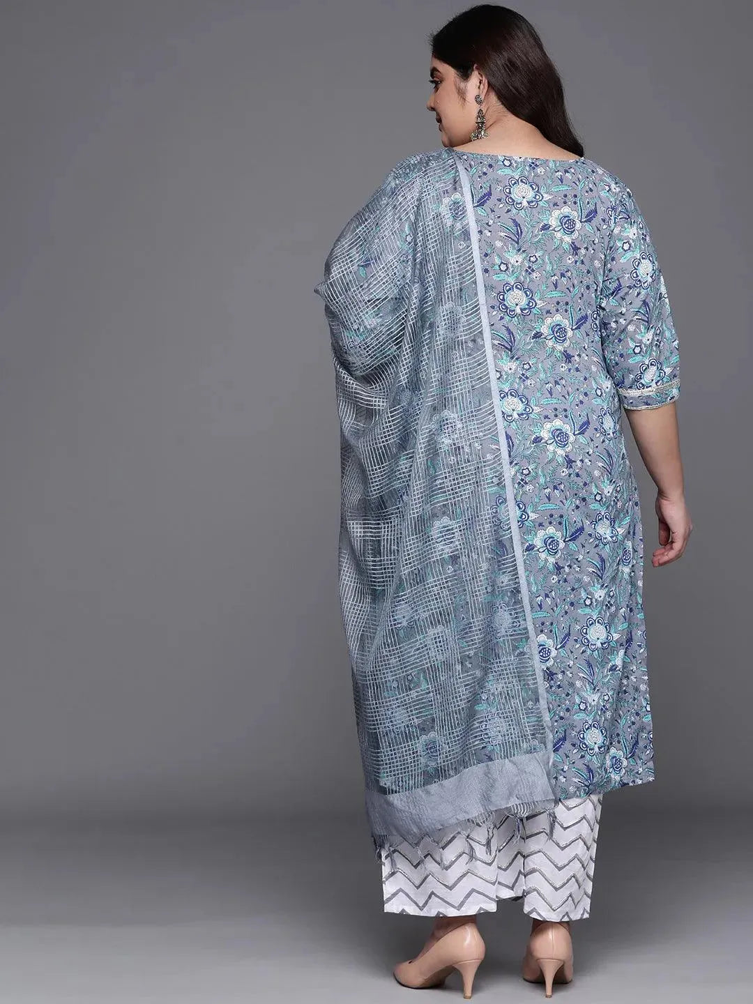 Plus Size Grey Printed Cotton Suit Set - Libas