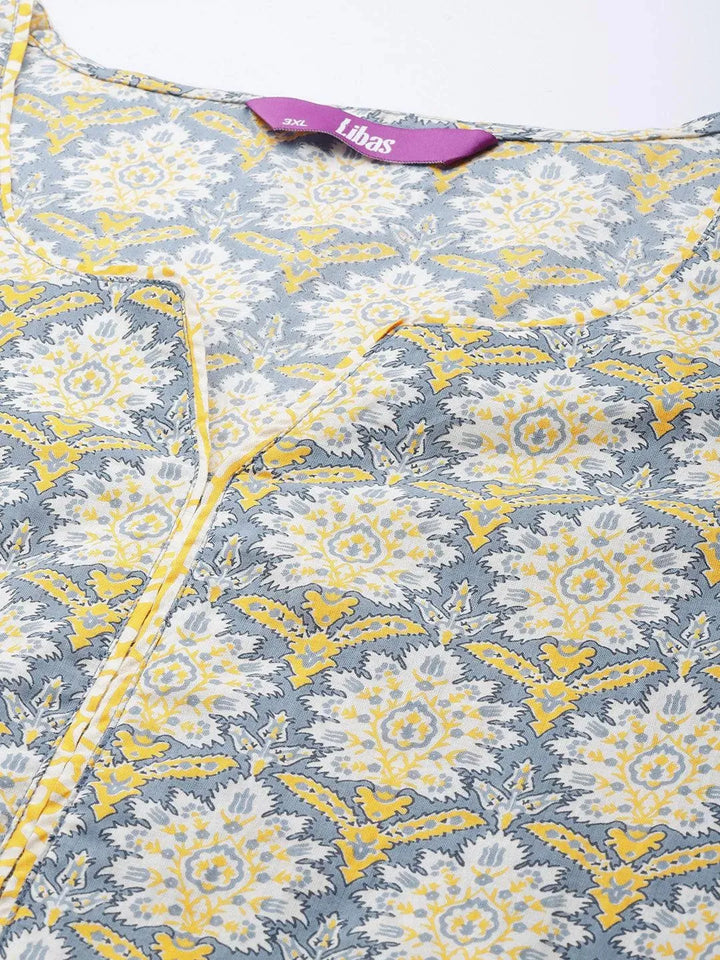 Plus Size Grey Printed Cotton Suit Set - Libas