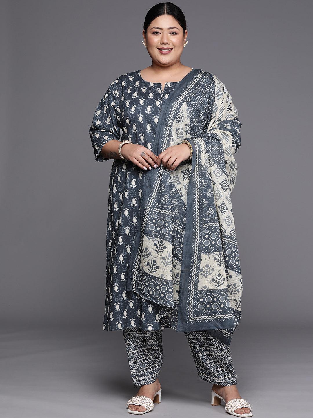 Plus Size Grey Printed Cotton Straight Kurta With Salwar & Dupatta