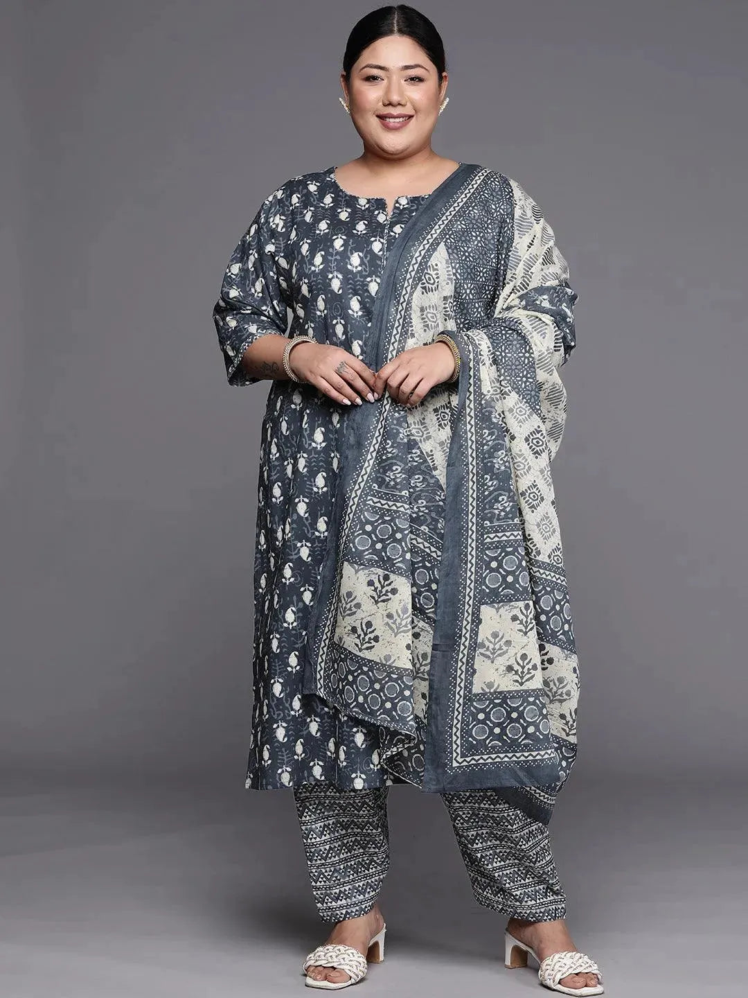 Plus Size Grey Printed Cotton Straight Suit Set - Libas 