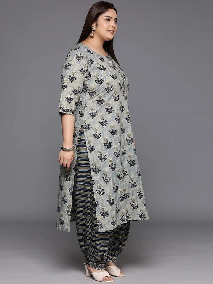 Plus Size Grey Printed Cotton Straight Kurta With Salwar & Dupatta - Libas