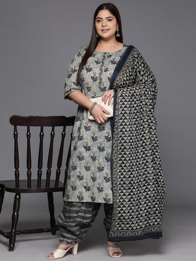 Plus Size Grey Printed Cotton Straight Kurta With Salwar & Dupatta - Libas