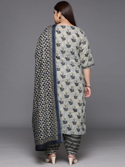 Plus Size Grey Printed Cotton Straight Kurta With Salwar & Dupatta - Libas