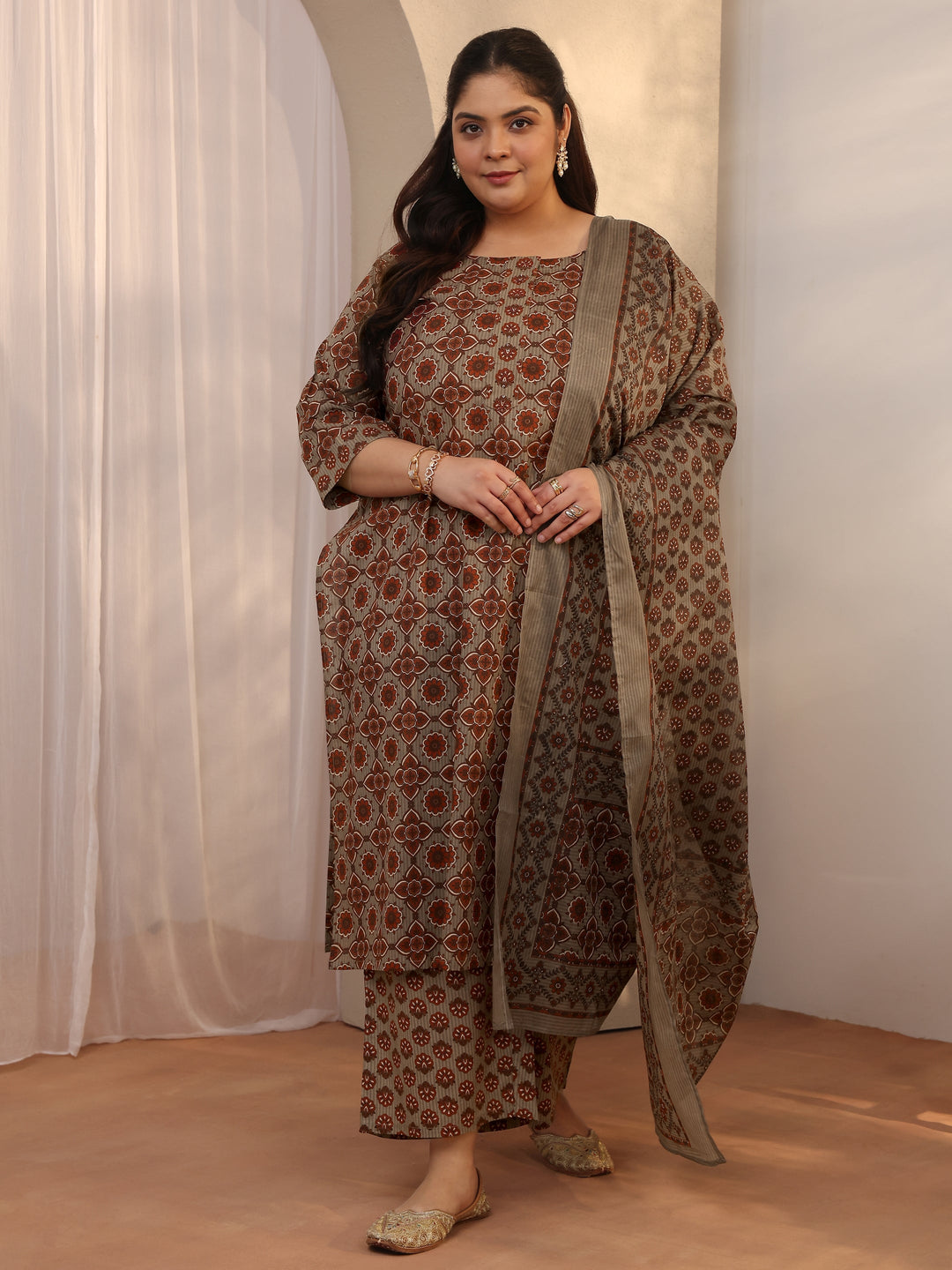 Plus Size Grey Printed Cotton Straight Suit Set With Dupatta