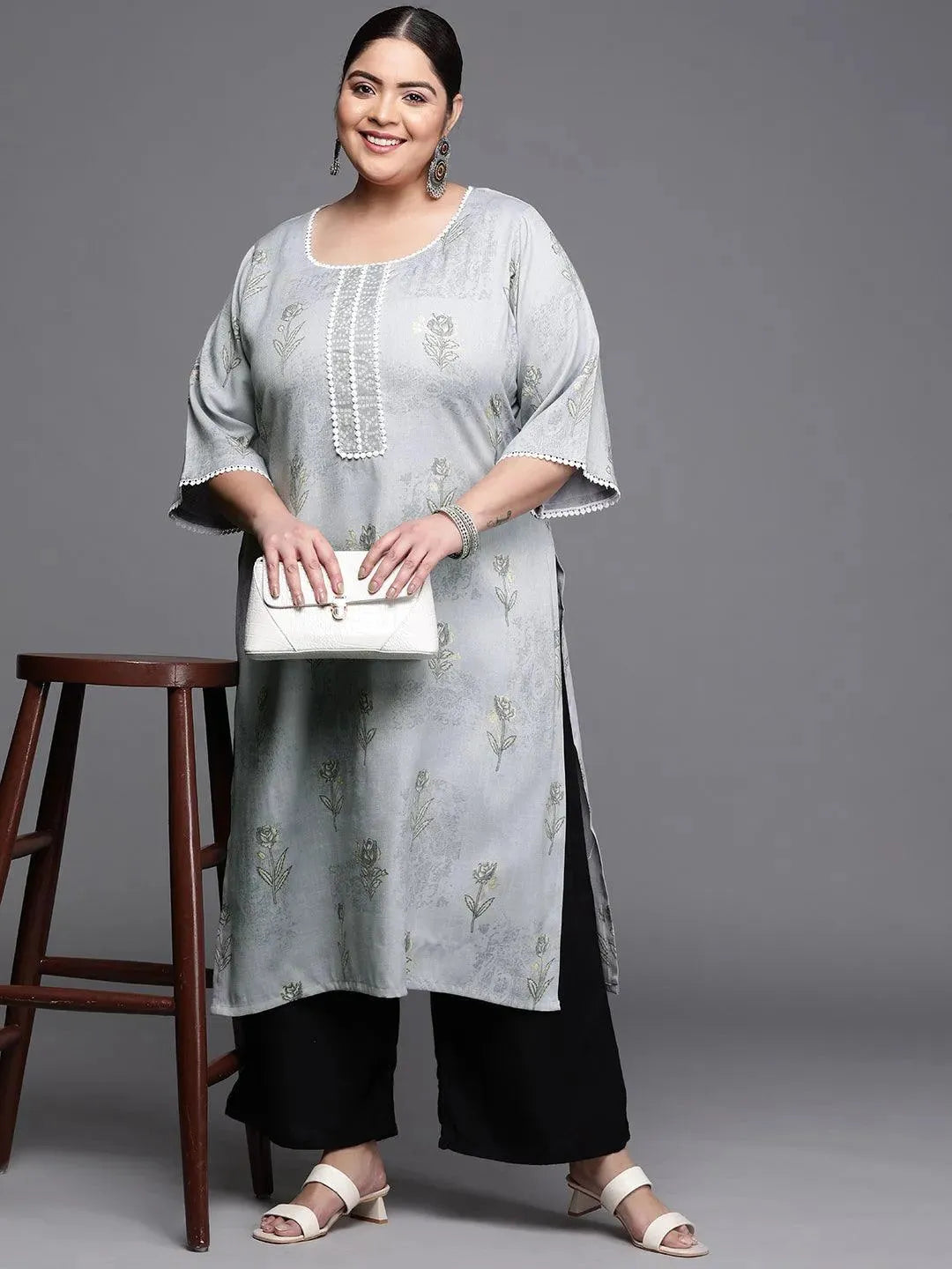 Plus Size Grey Printed Rayon Kurta - Libas 
