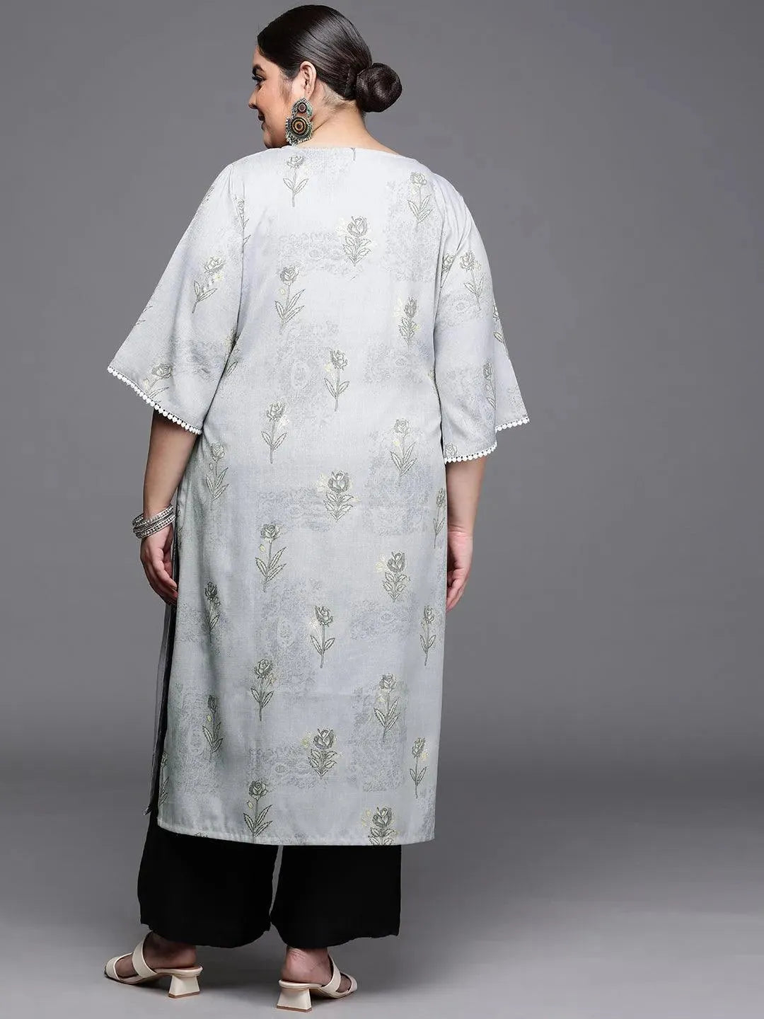 Plus Size Grey Printed Rayon Kurta - Libas 