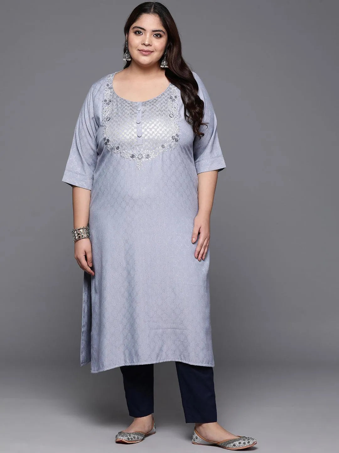 Plus Size Grey Printed Rayon Straight Kurta - Libas