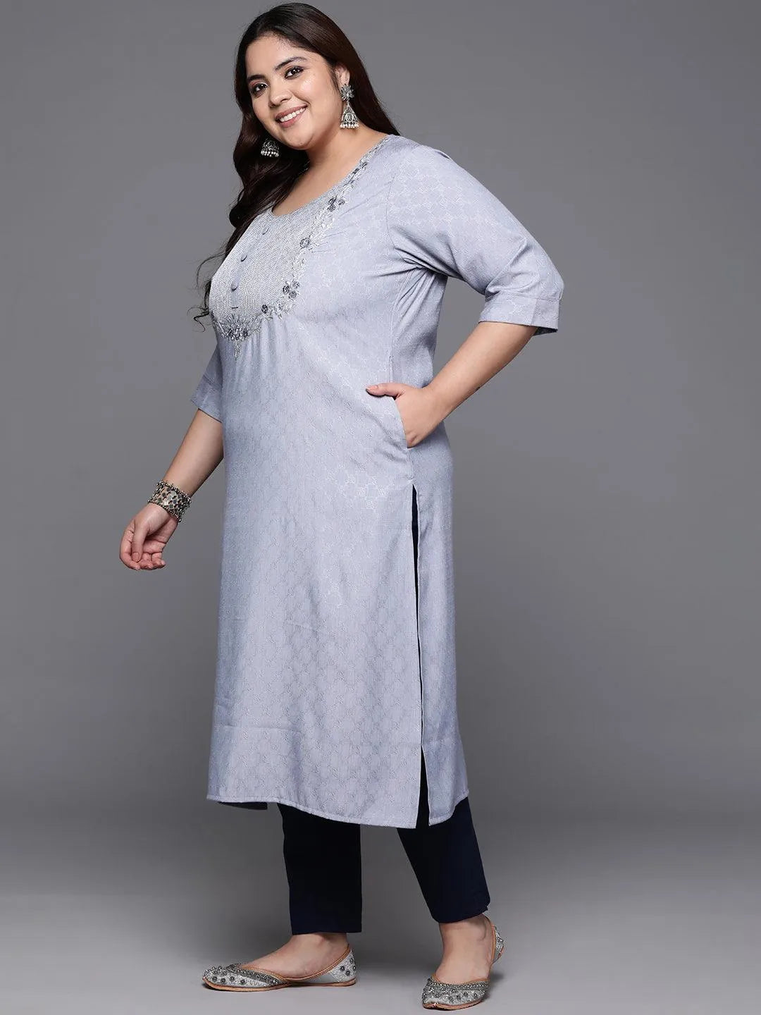 Plus Size Grey Printed Rayon Straight Kurta - Libas 