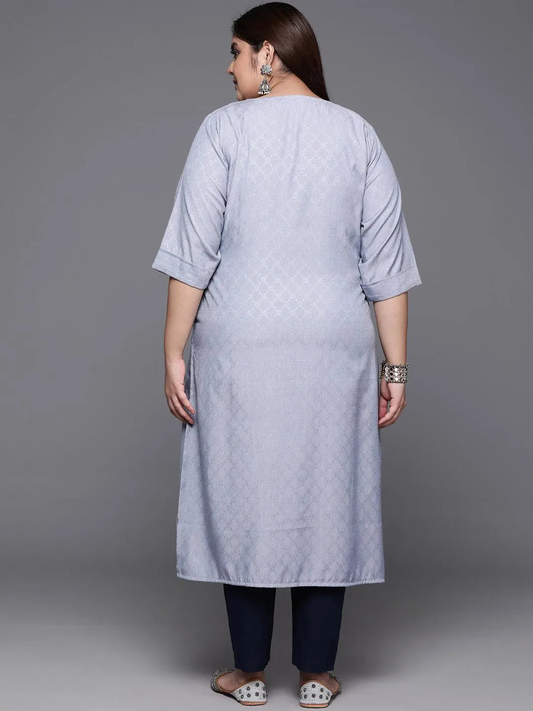 Plus Size Grey Printed Rayon Straight Kurta - Libas