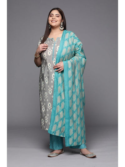 Plus Size Grey Printed Silk Blend Straight Kurta With Trousers & Dupatta - Libas
