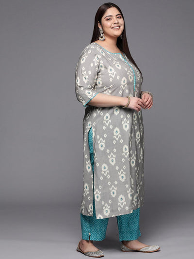 Plus Size Grey Printed Silk Blend Suit Set With Trousers - Libas