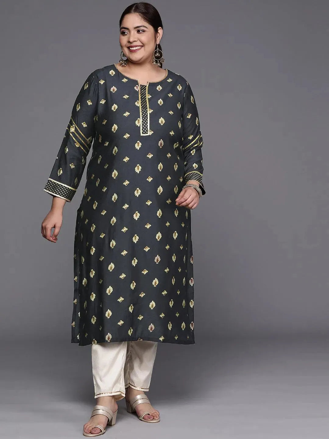 Plus Size Grey Printed Silk Straight Kurta - Libas 