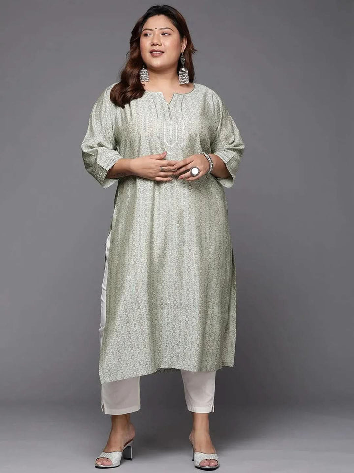 Plus Size Grey Printed Silk Straight Kurta - Libas