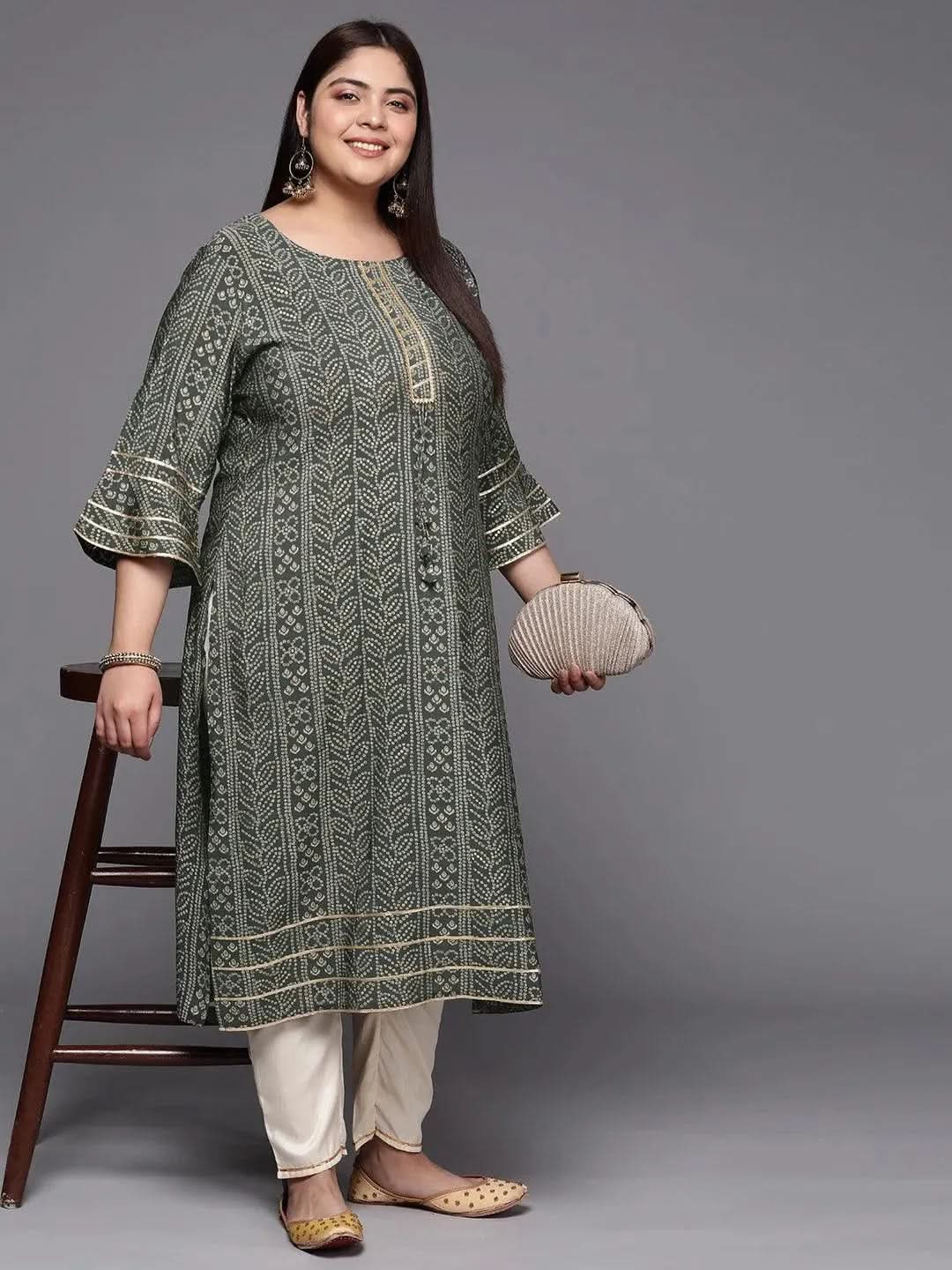 Plus Size Grey Printed Silk Straight Kurta - Libas 