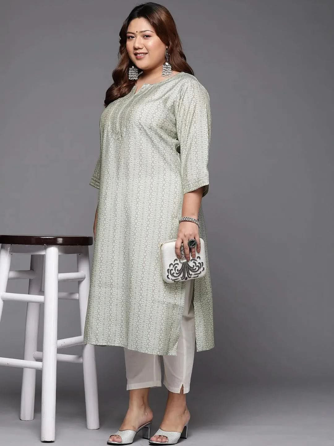 Plus Size Grey Printed Silk Straight Kurta - Libas