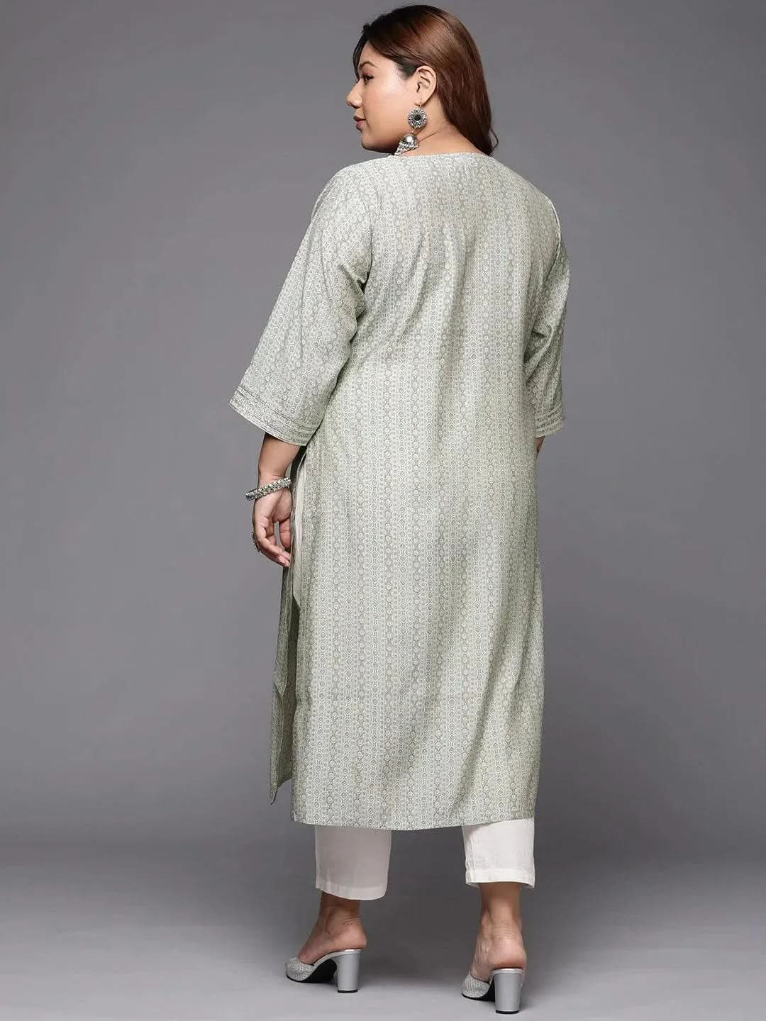 Plus Size Grey Printed Silk Straight Kurta - Libas