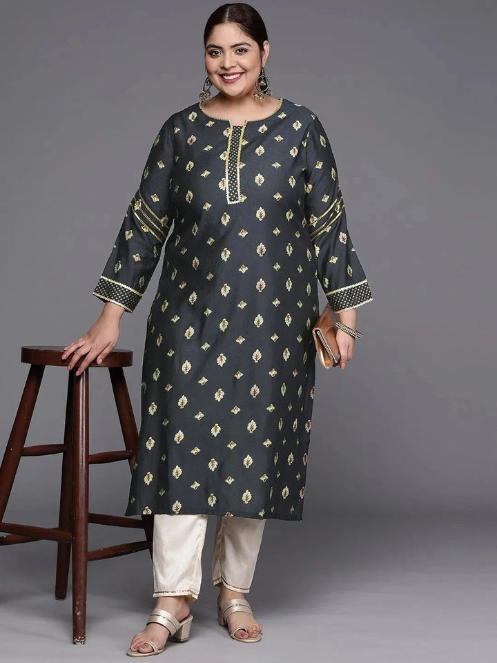 Plus Size Grey Printed Silk Straight Kurta - Libas