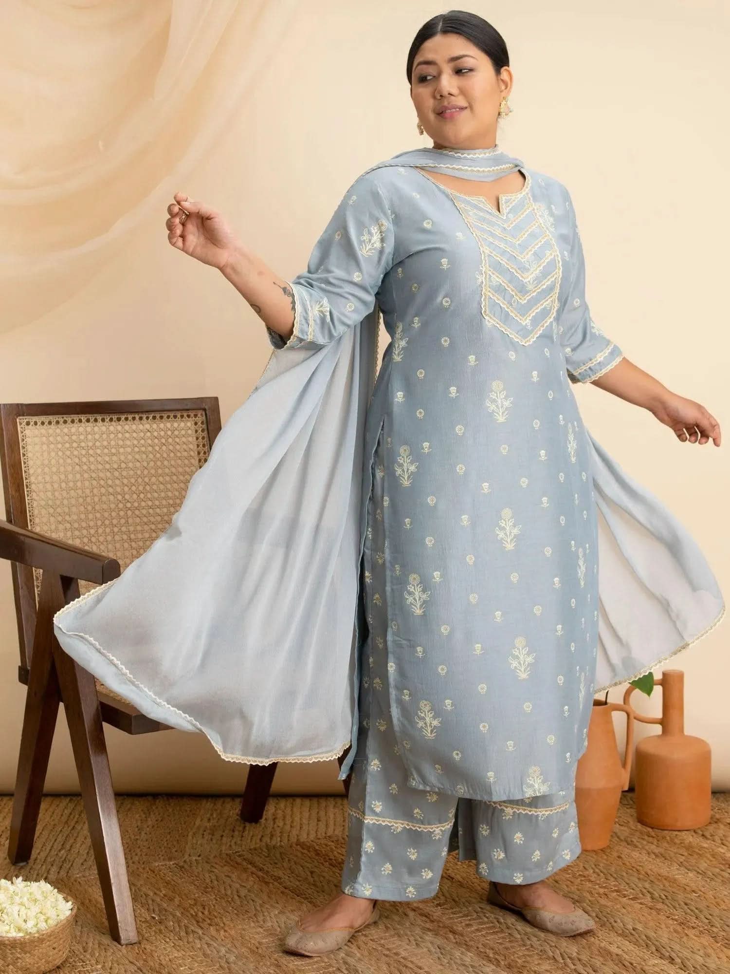 

Buy Plus Size Grey Printed Silk Suit Set - 15059-3XL | Libas Ethnic Wear Online