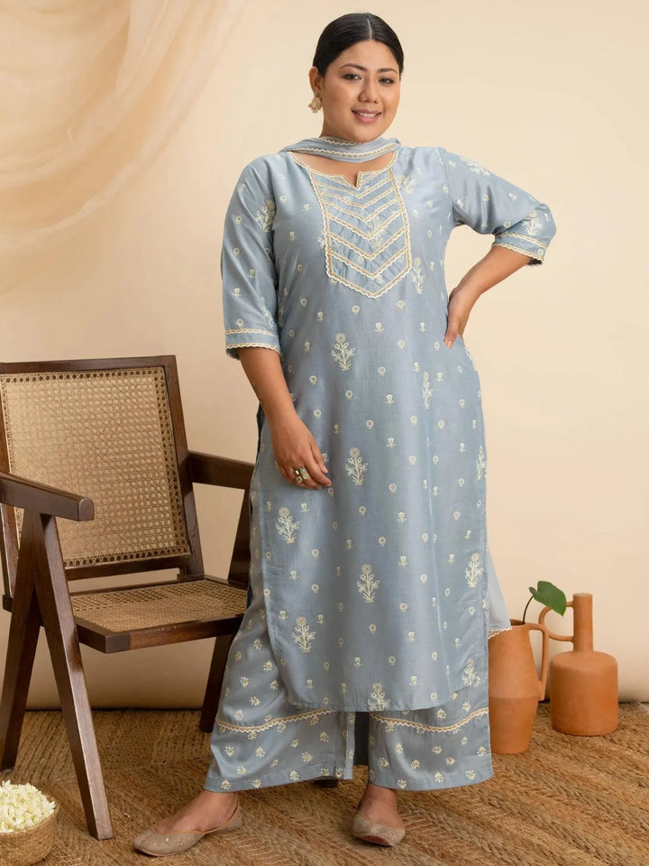 Plus Size Grey Printed Silk Suit Set - Libas