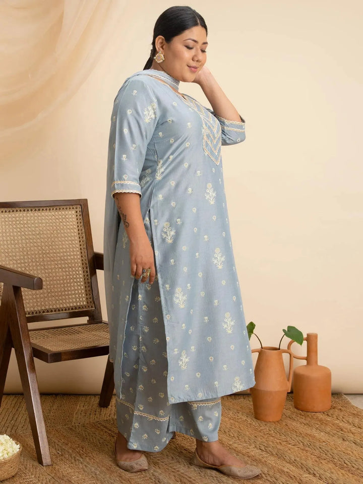 Plus Size Grey Printed Silk Suit Set - Libas