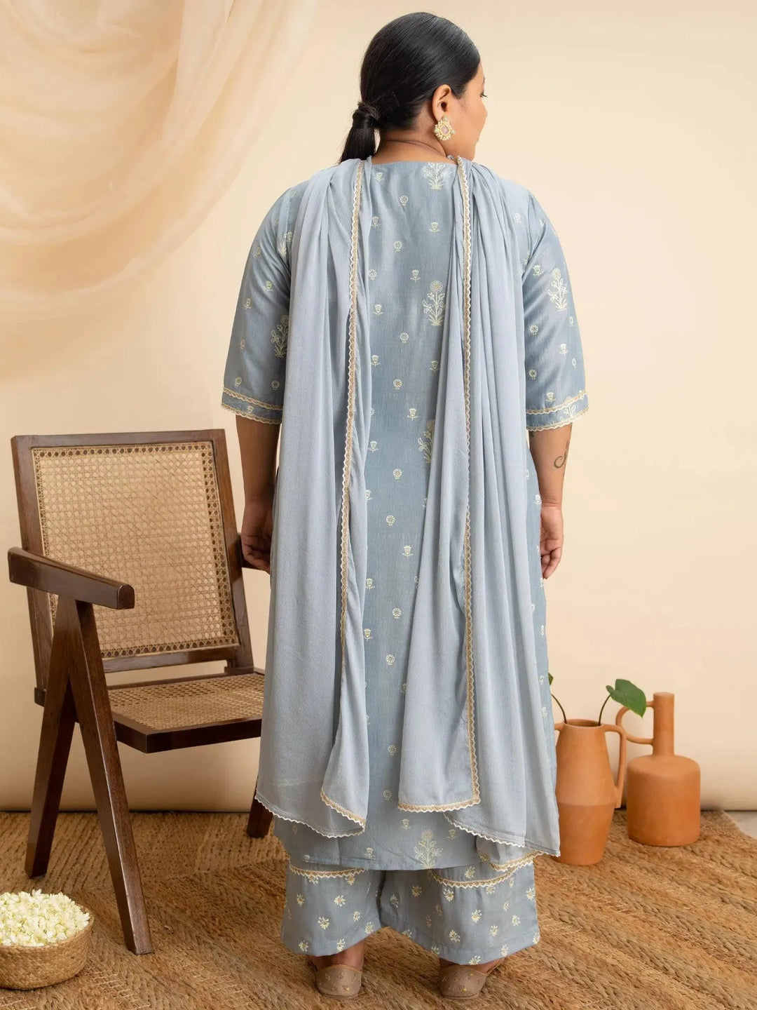Plus Size Grey Printed Silk Suit Set - Libas 