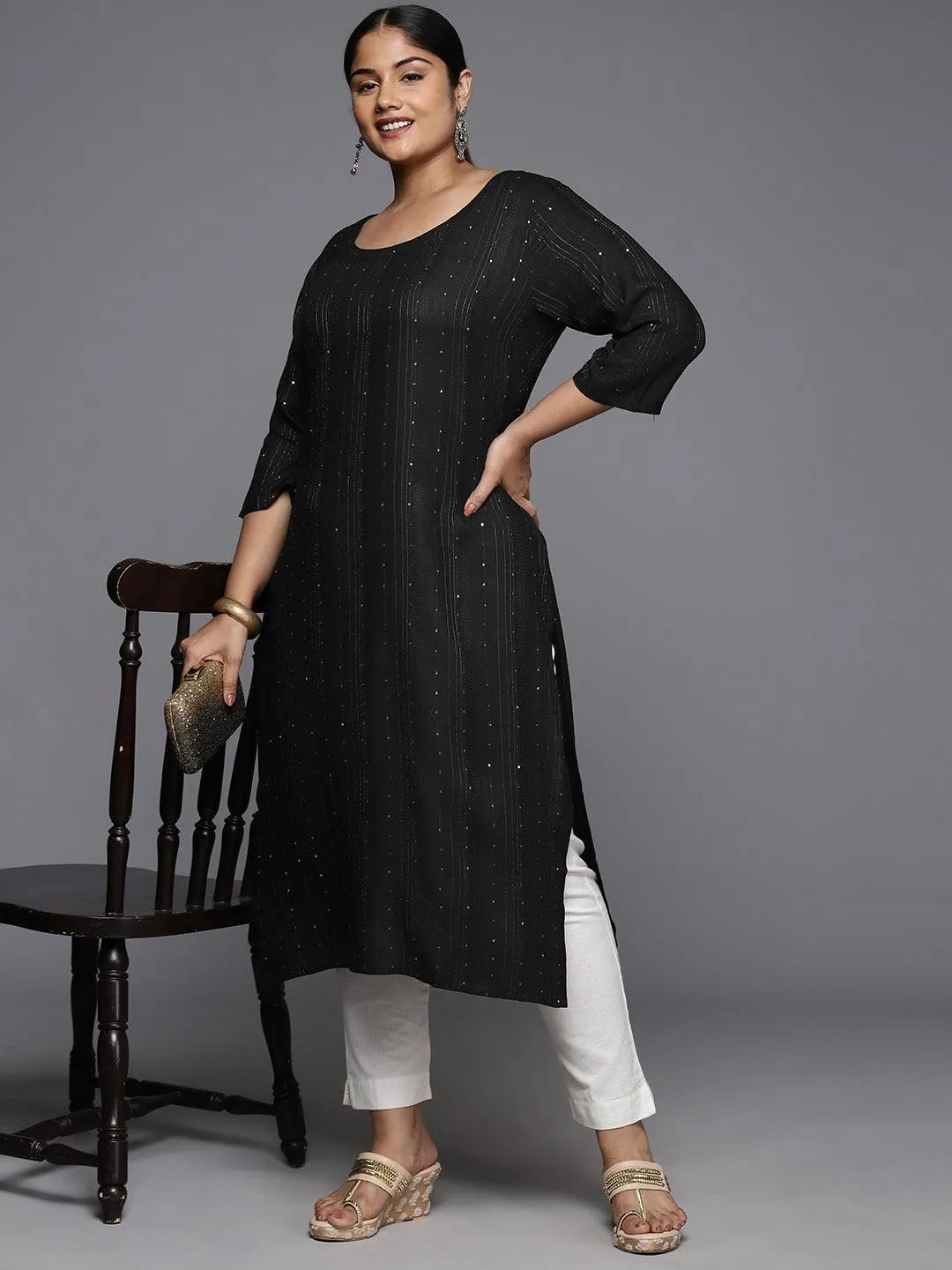 Plus Size Grey Rayon Embroidered Straight Kurta - Libas 