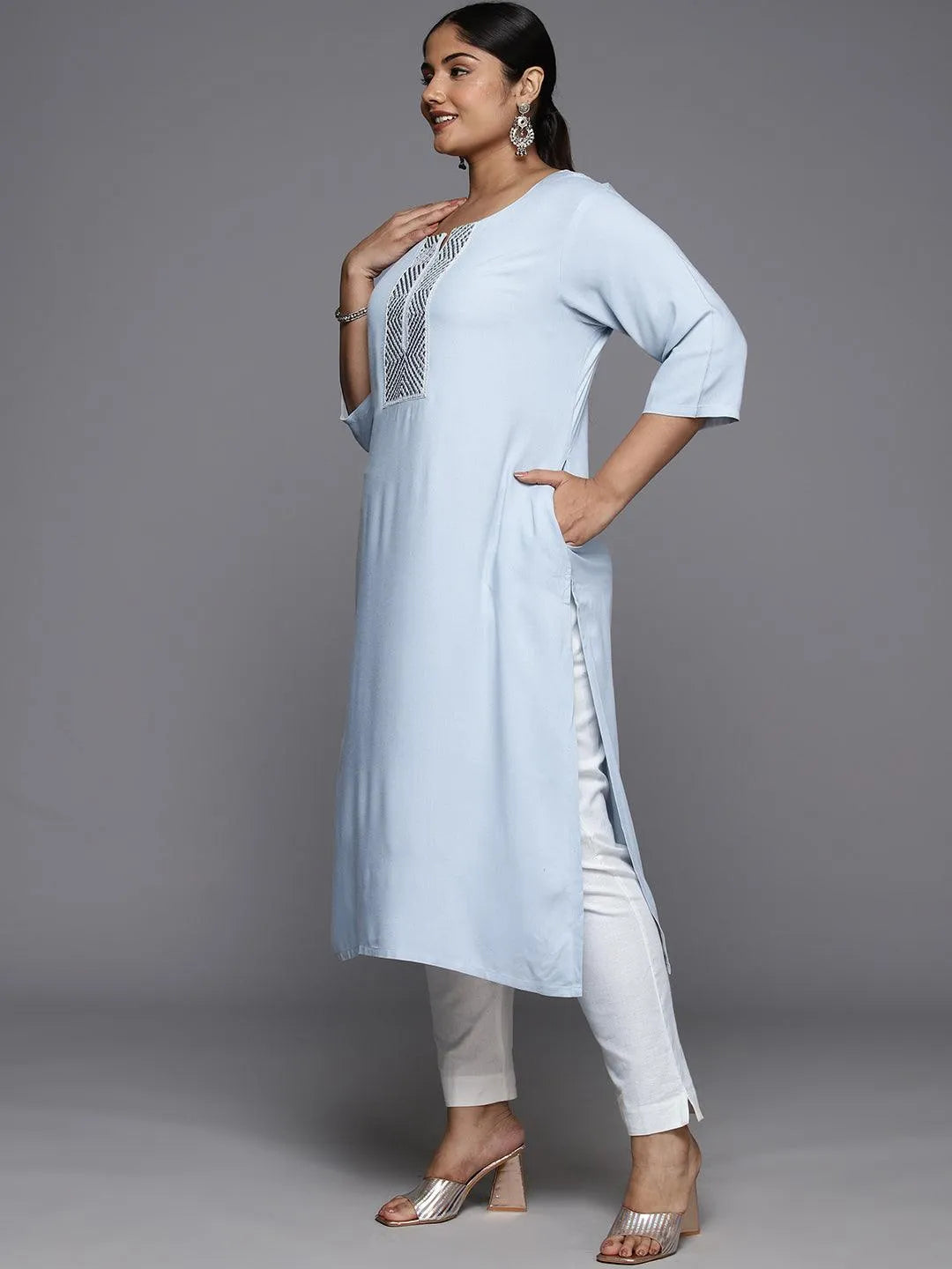 Plus Size Grey Rayon Yoke Design Straight Kurta - Libas 