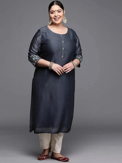 Plus Size Grey Solid Silk Kurta - Libas