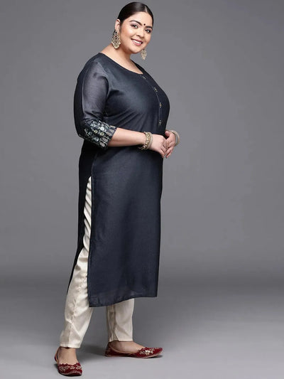 Plus Size Grey Solid Silk Kurta - Libas