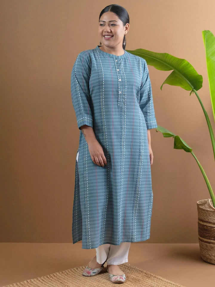 Plus Size Grey Striped Cotton Straight Kurta - Libas