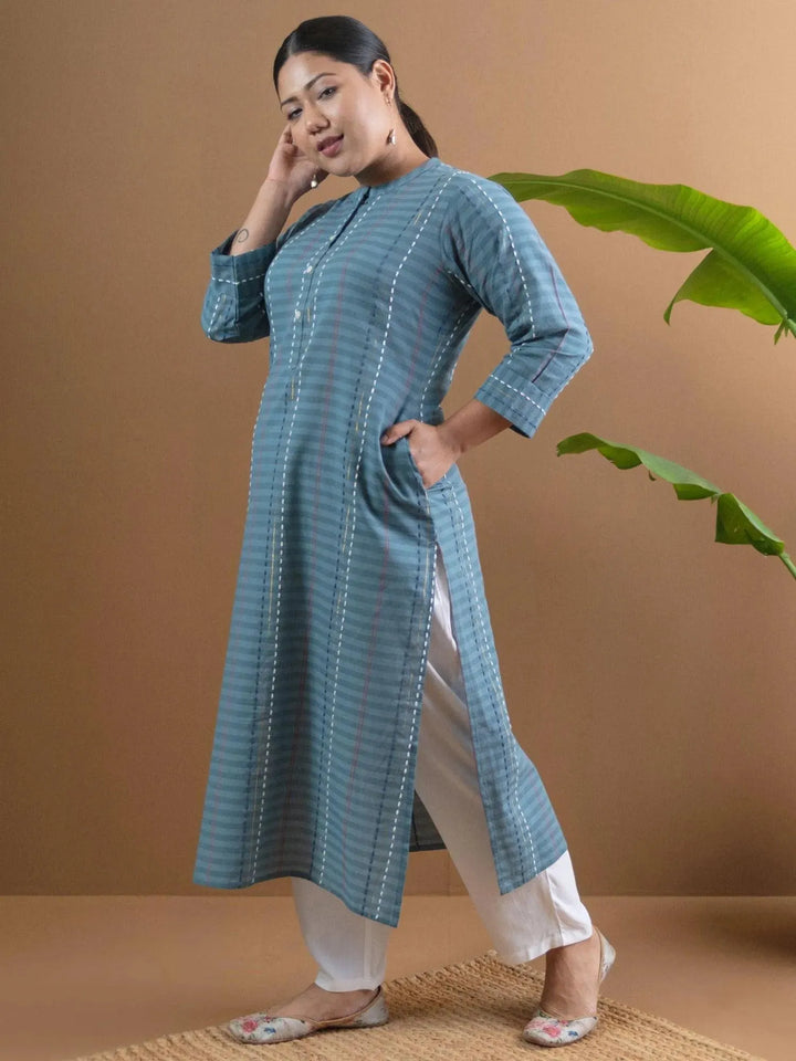 Plus Size Grey Striped Cotton Straight Kurta - Libas