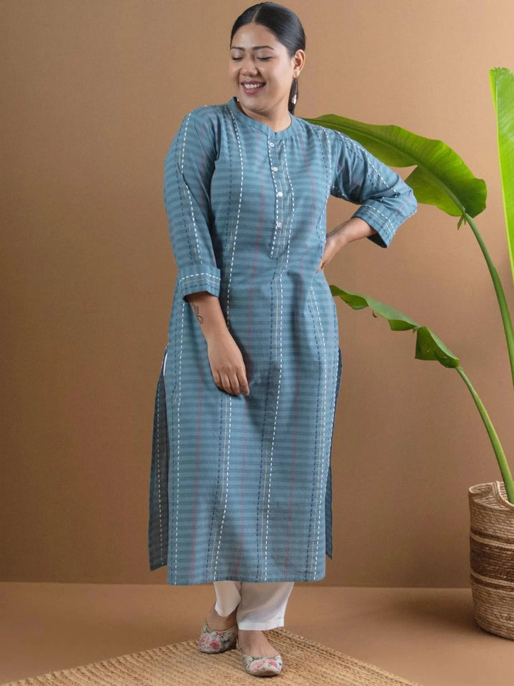 Plus Size Grey Striped Cotton Straight Kurta - Libas