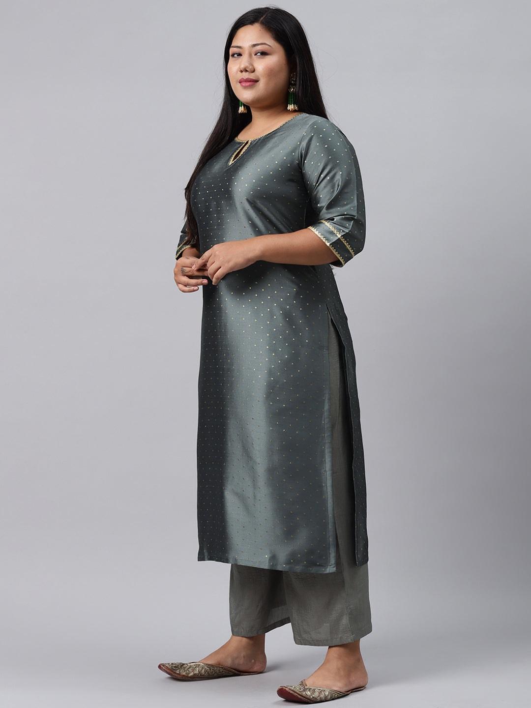 Plus Size Grey Woven Design Art Silk Suit Set - Libas