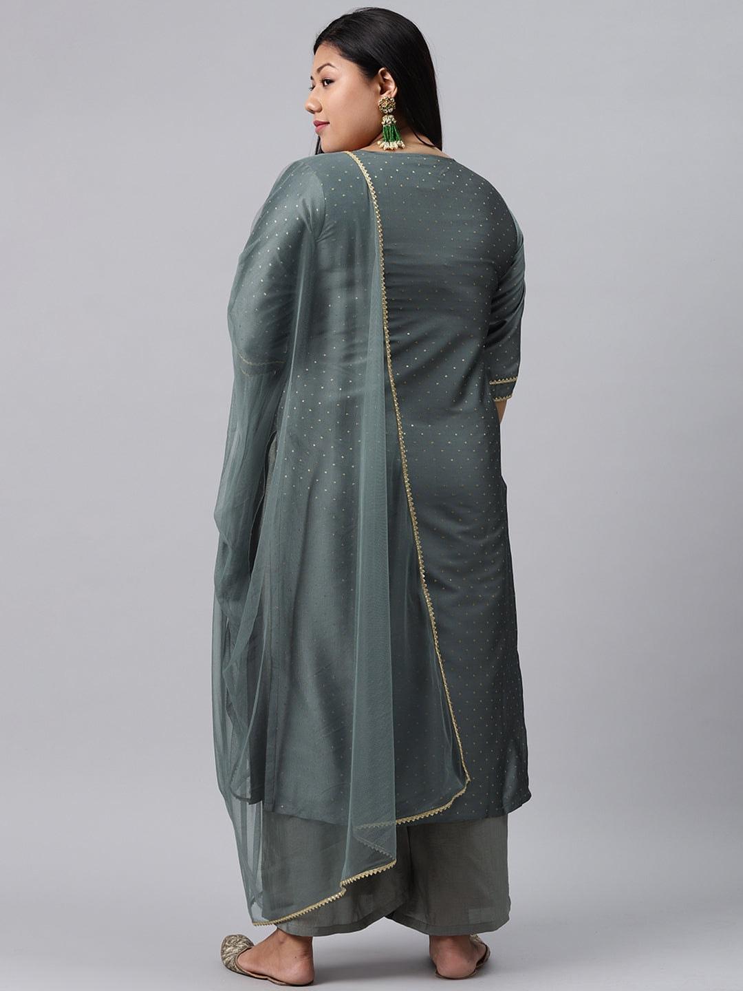 Plus Size Grey Woven Design Art Silk Straight Kurta With Palazzos & Dupatta