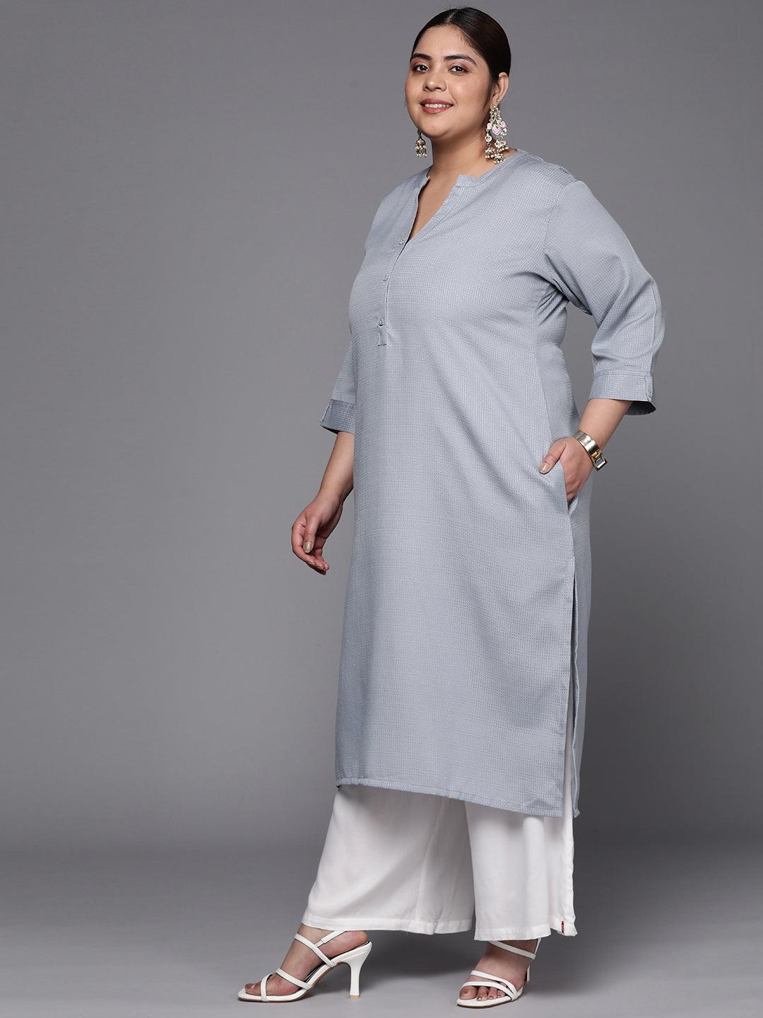 Plus Size Grey Woven Design Rayon Straight Kurta - Libas