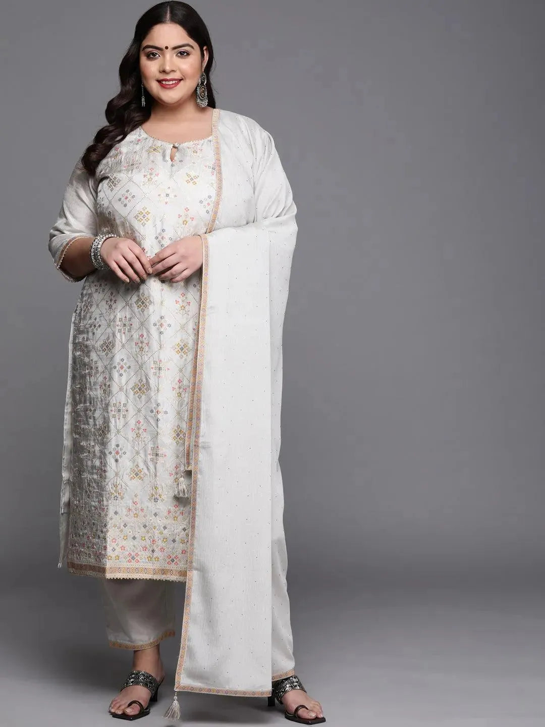 Plus Size Grey Woven Design Silk Blend Suit Set - Libas