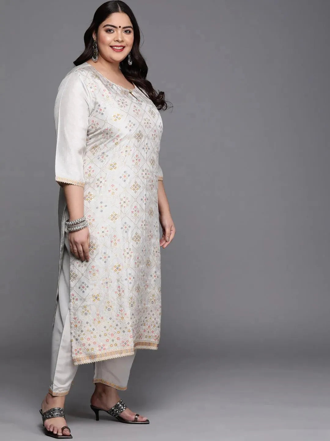 Plus Size Grey Woven Design Silk Blend Suit Set - Libas