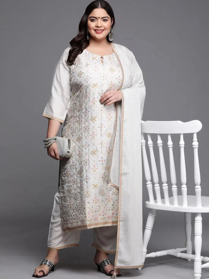 Plus Size Grey Woven Design Silk Blend Suit Set - Libas