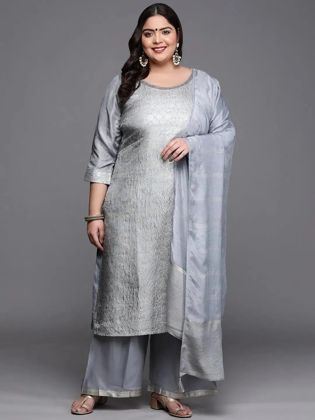 Plus Size Grey Woven Design Silk Blend Suit Set - Libas