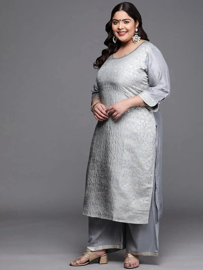 Plus Size Grey Woven Design Silk Blend Suit Set - Libas