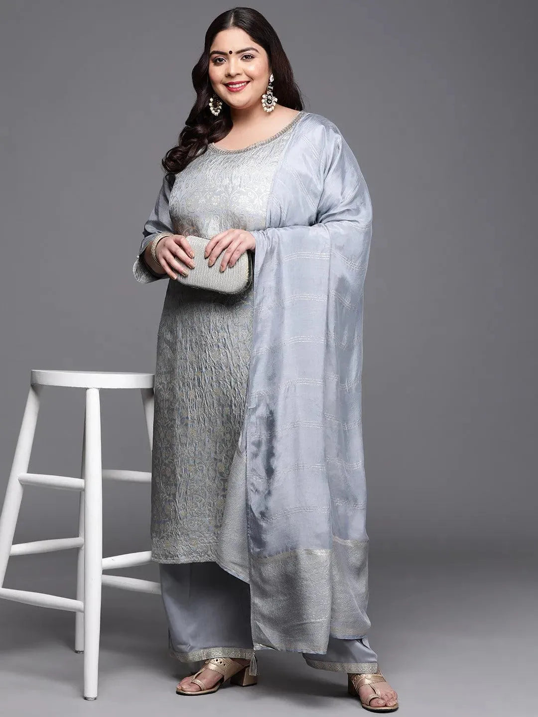 Plus Size Grey Woven Design Silk Blend Suit Set - Libas