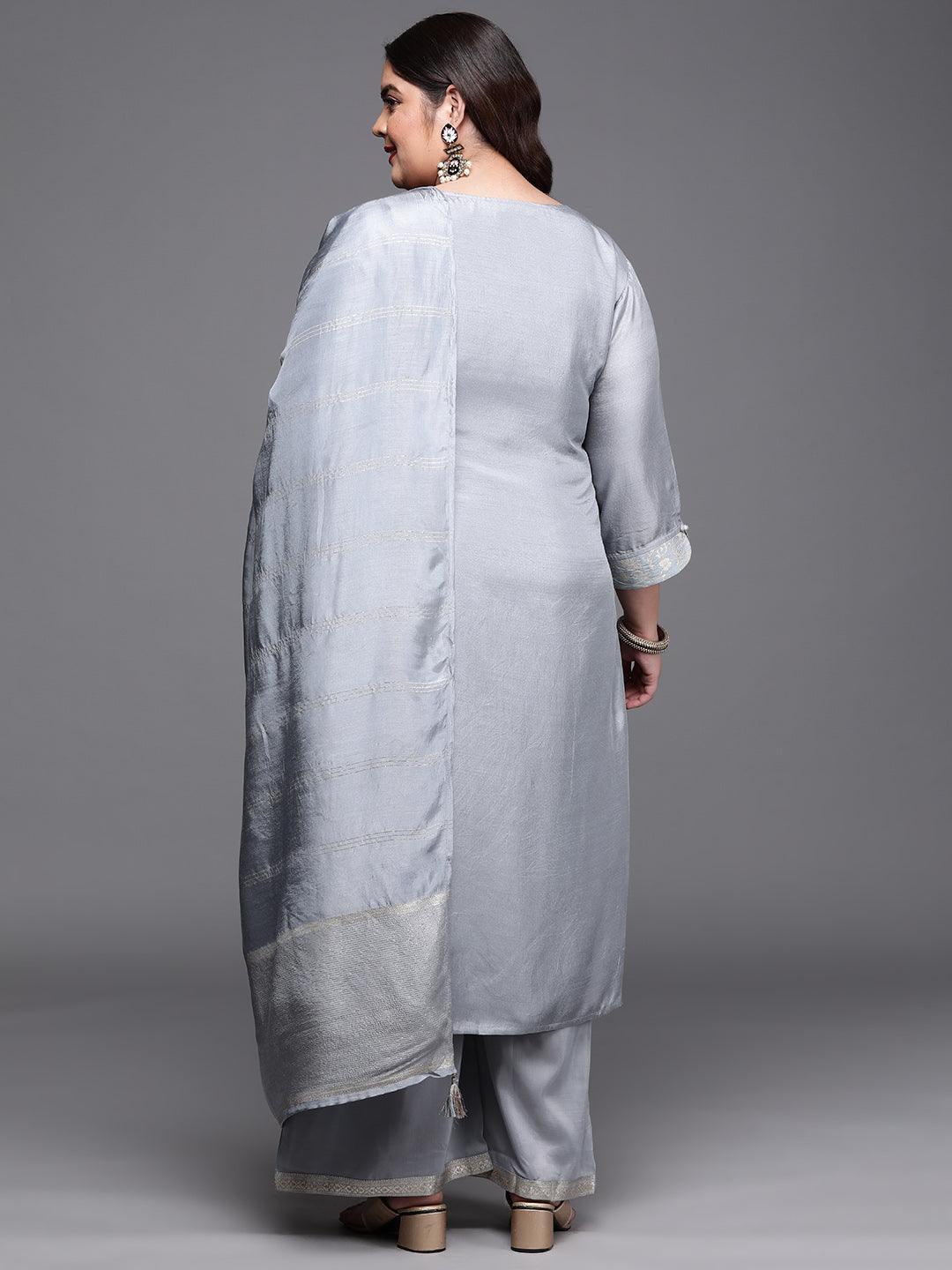 Plus Size Grey Woven Design Silk Blend Suit Set - Libas
